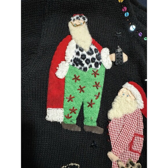 Christmas Sweater Santa Claus Susan Bristol Sz M Cowboy Pajamas Embellished VTG - Picture 12 of 16